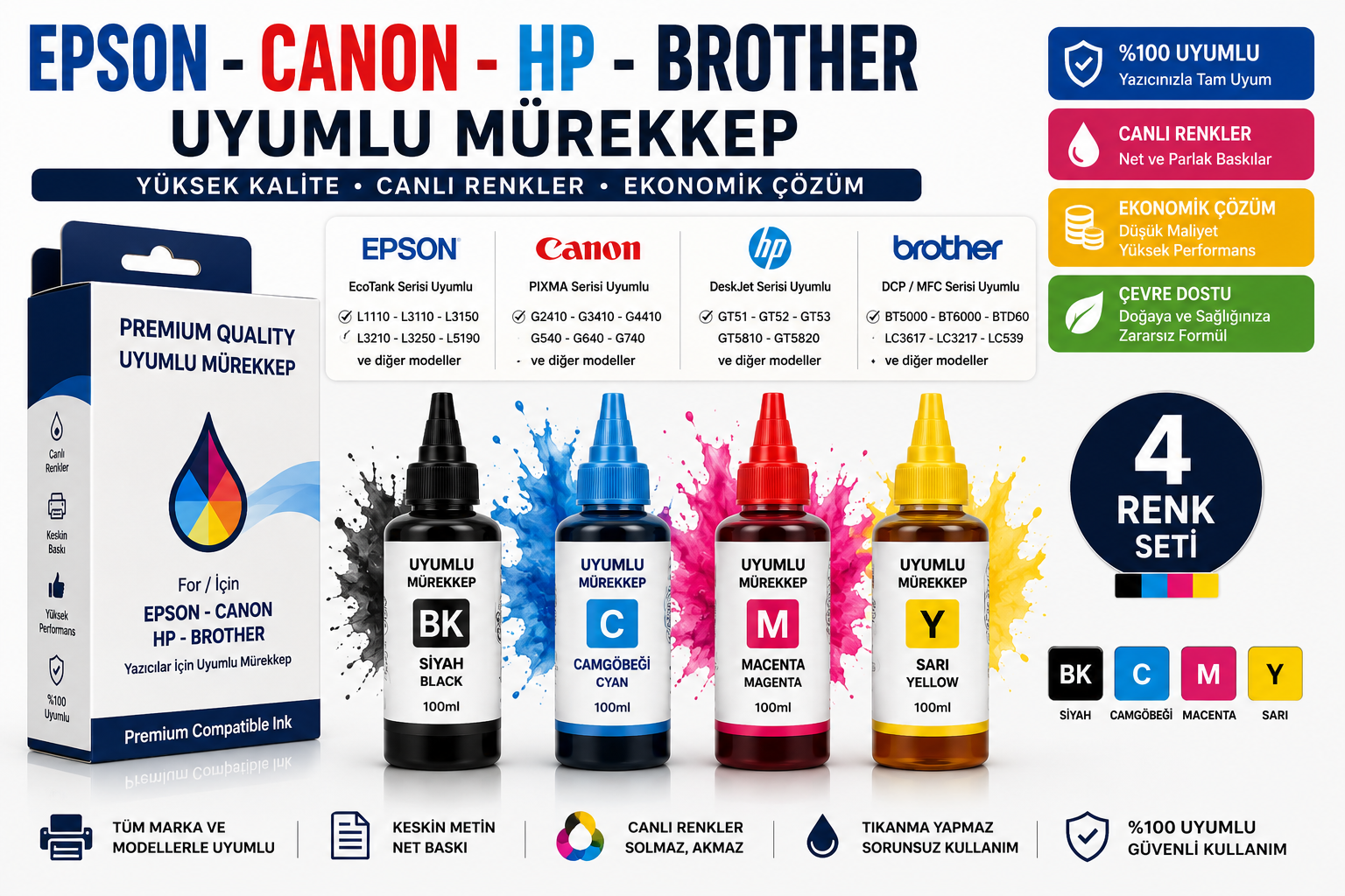 Canon Epson Hp Universal Mürekkep 100ML Türkiye\'nin En Ucuz Mürekkebi