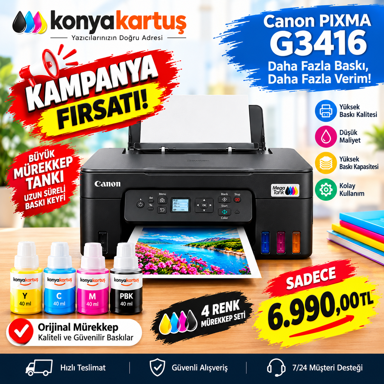 CANON A4 Renkli PIXMA G3480 Çok Fonksiyonlu Dublex Tanklı Yazıcı USB 2.0,Kablosuz